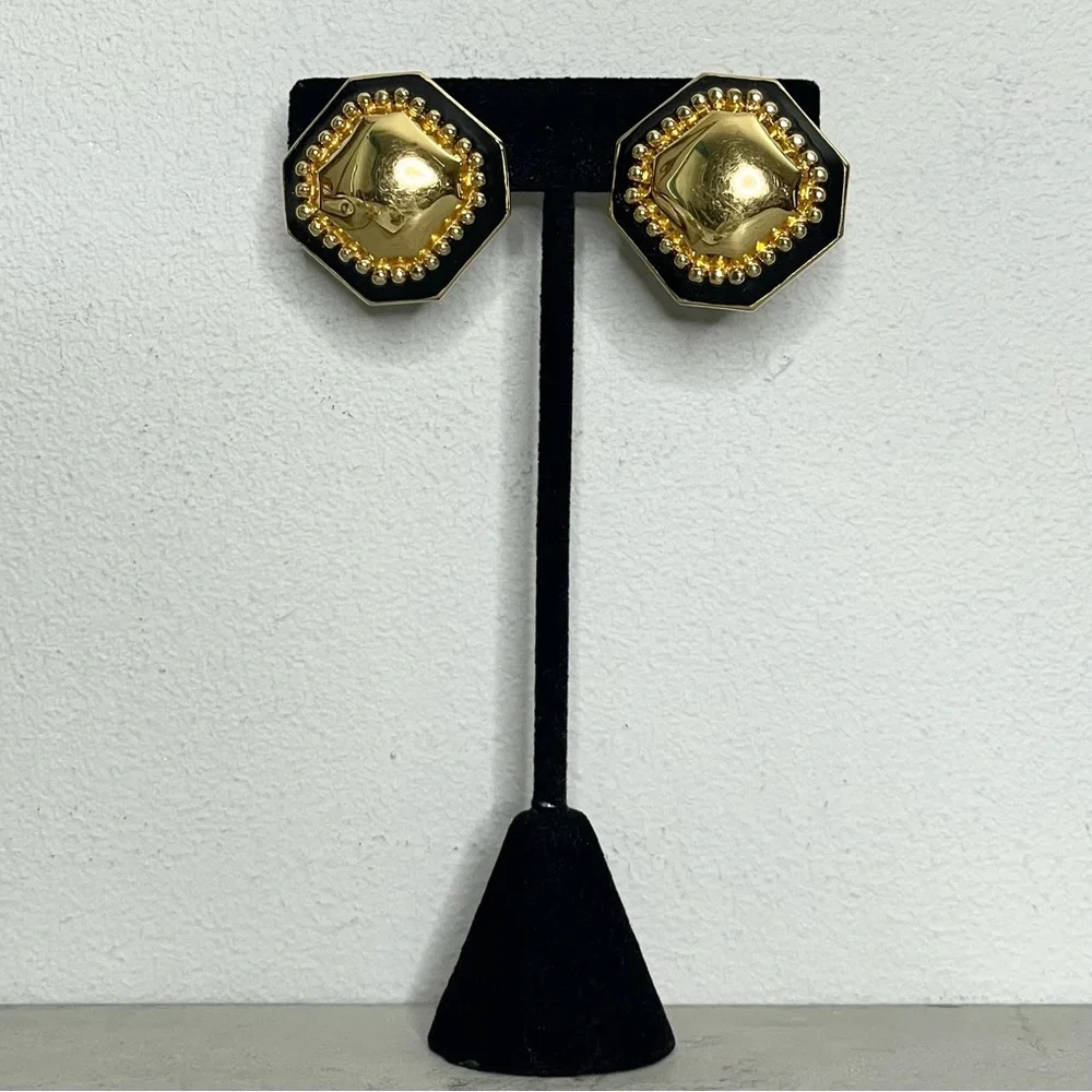ST. JOHN Gold Tone Black Enamel Geometric Clip On Earrings